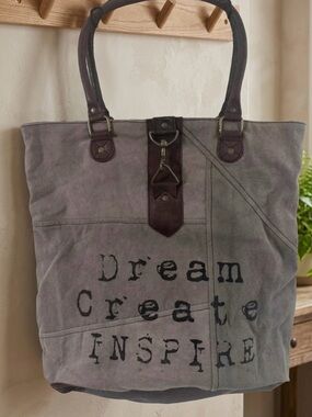 Mona B Canvas Tote Bag with Leather Trim - Gray "Dream Create Inspire"